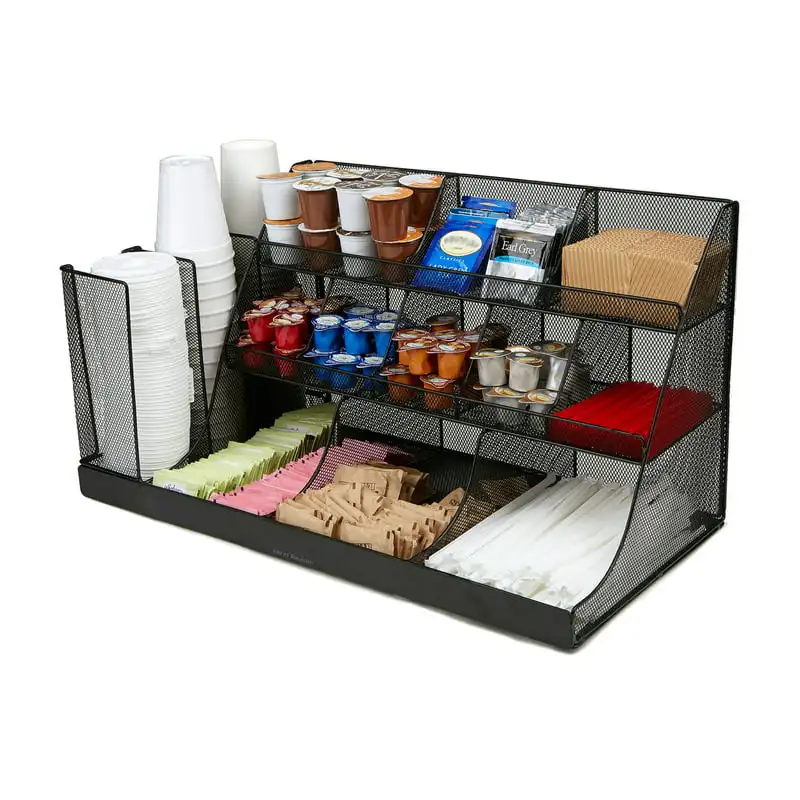 

Compartment 3 Tier Large Breakroom Condiment Organizer, Black Metal Mesh