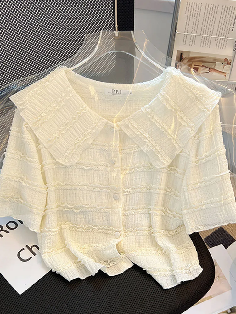 y w stylu francuskim Słodkie szyfonowe koszule z kołnierzykiem Piotruś Pan Kobiety Nowy szyk Krótki rękaw Plisowany top Jesień 2024 Eleganckie