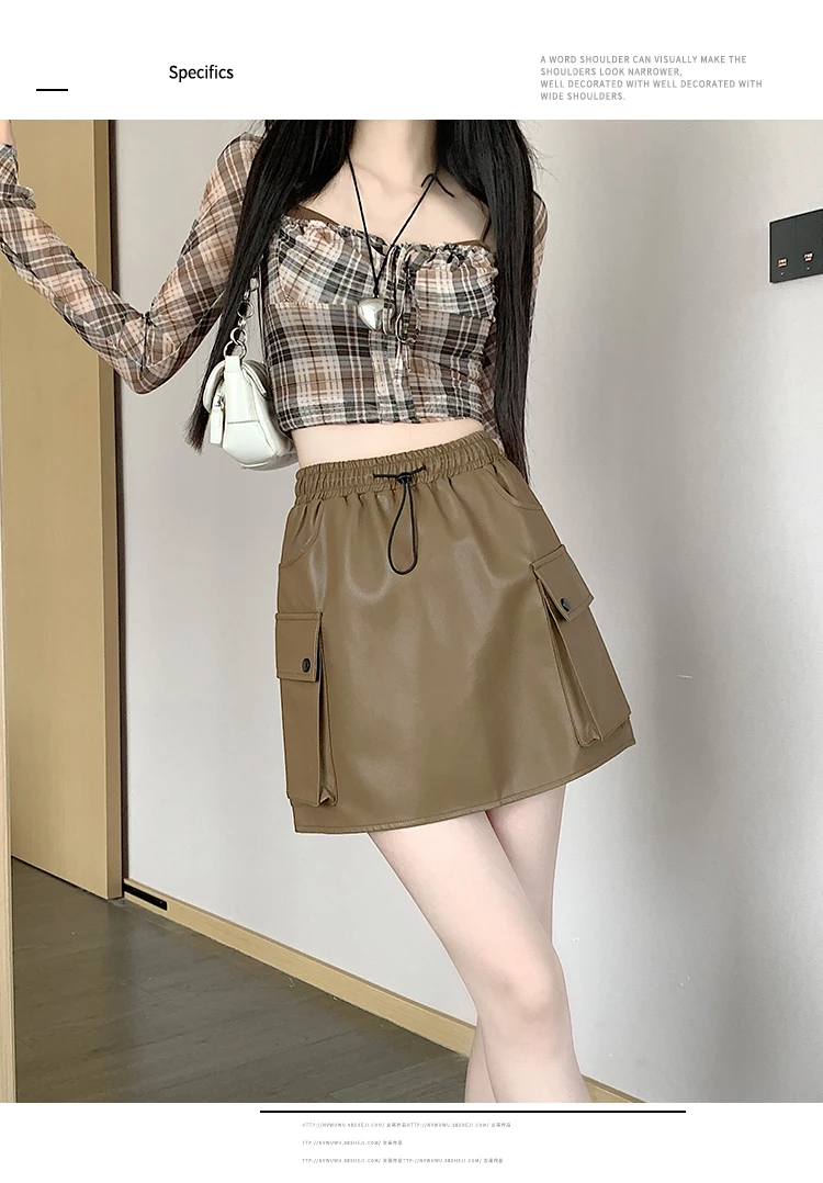 

Модная трендовая американская ретро-юбка трапециевидной формы в стиле преппи на подкладке с карманами и высокой эластичной талией из искусственной кожи