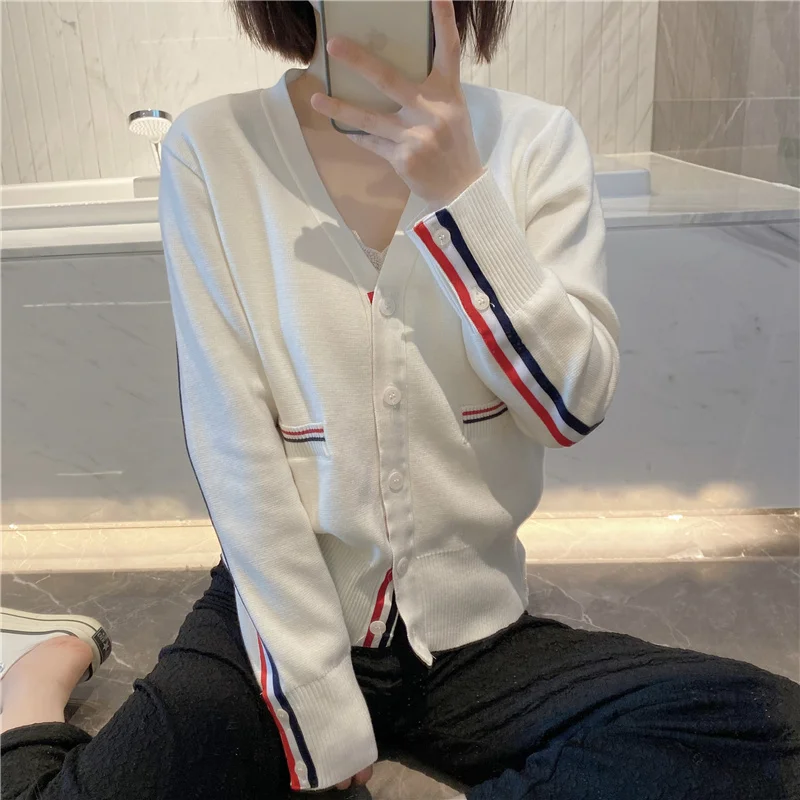

Arm vertical striped knitted cardigan thin section TB college style design niche jacket loose sunscreen female