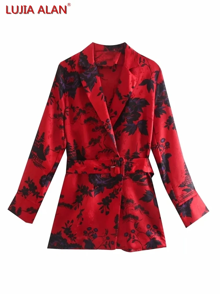 

Women Floral Printing Tailored Collar Sashes Red Shirts Female Long Sleeve Blouses Casual Lady Loose Tops Blusas S8198