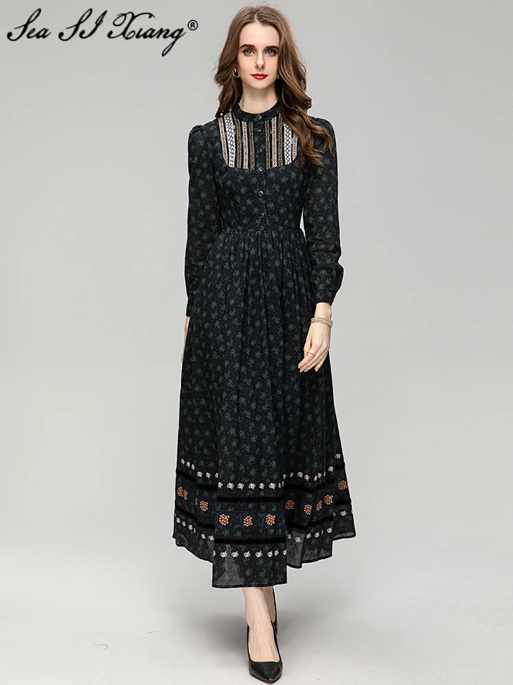 

Женское хлопковое однобортное платье Seasixiang, дизайнерское винтажное платье с воротником-стойкой, рукавами-фонариками и цветочным принтом на лето