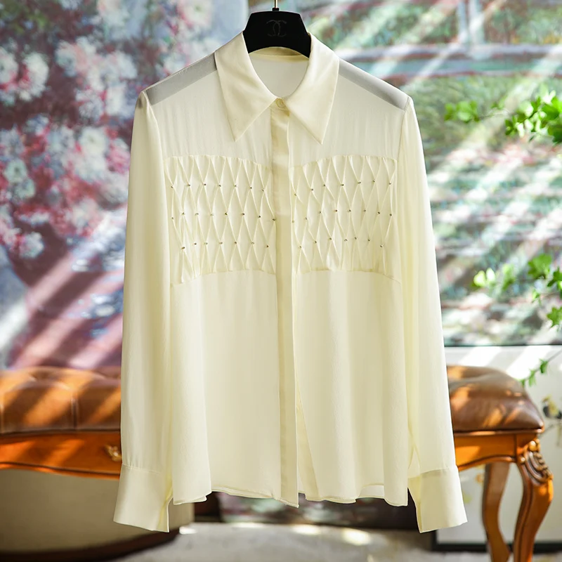 

Pleat Beading Silk Women's Shirts Summer Lightweight Office Work Lady Fashion Elegant Pure Color Tops 2023 Aesthetic Clothes