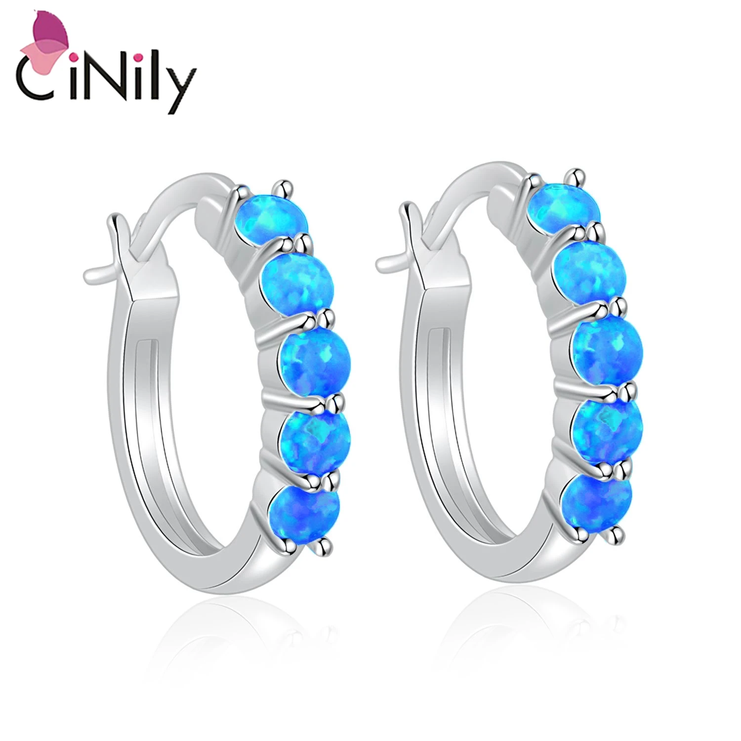 

CiNily Pink & Blue & White Fire Opal Hoop Earrings With Stone Silver Plated Small Round Circle Earring Korean Jewelry Girl Woman