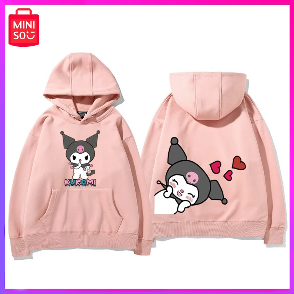 

2023 Miniso Sanrio Kuromi New Autumn Fashion Casual Loose Top Cartoon Cartoon Plus Fleece Thick Hoodie Pink Christmas Girl Gift