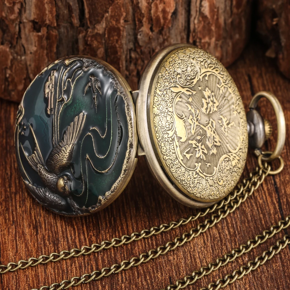 Quartz Pocket Watch Necklace Bronze 3D Engraving Crane/Elk/Elephant Animal Pendant Souvenir Sweater Chain Pocket Watch Men Women