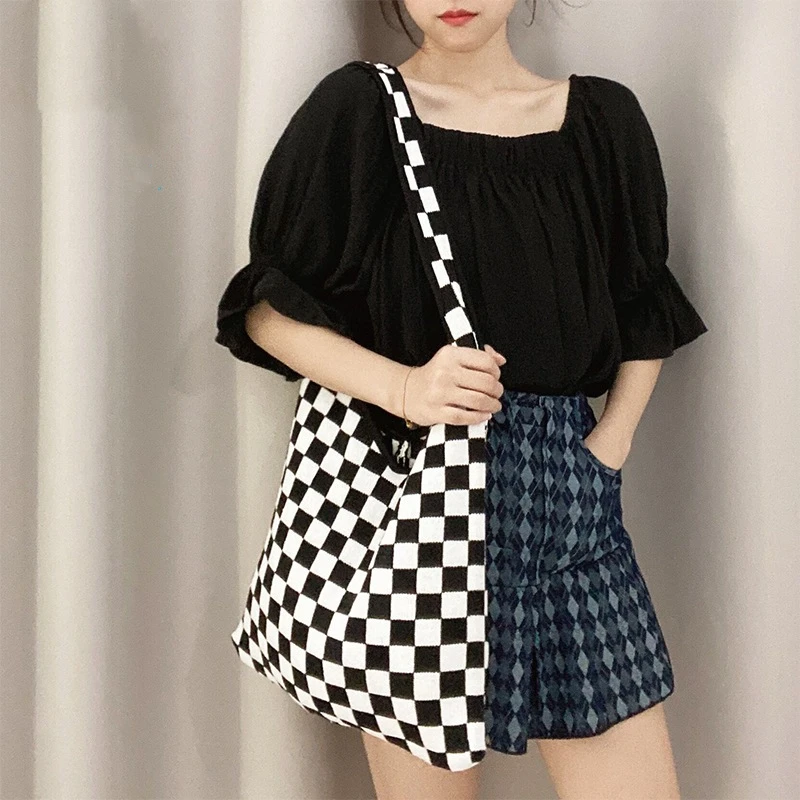 

Female Knitted Black White Chessboard Plaid Woolen Handbag Lady Vintage Strips Big Capacity Roomy Slouchy Carry Shoulder Bag