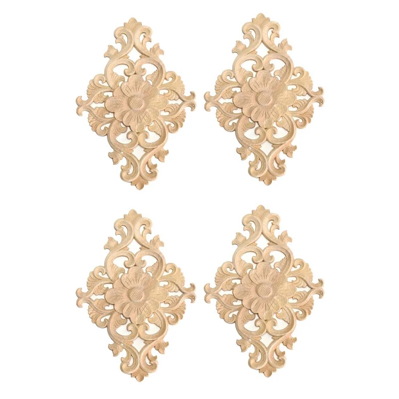 

21X15cm Wood Carved Unpainted Onlay Applique Furniture Home Decor, 4Pcs