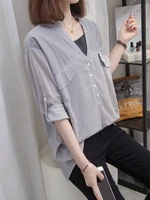 doornot oversized front short back long shirts women summer loose korean v neck fake two piece blouses striped chic tops female