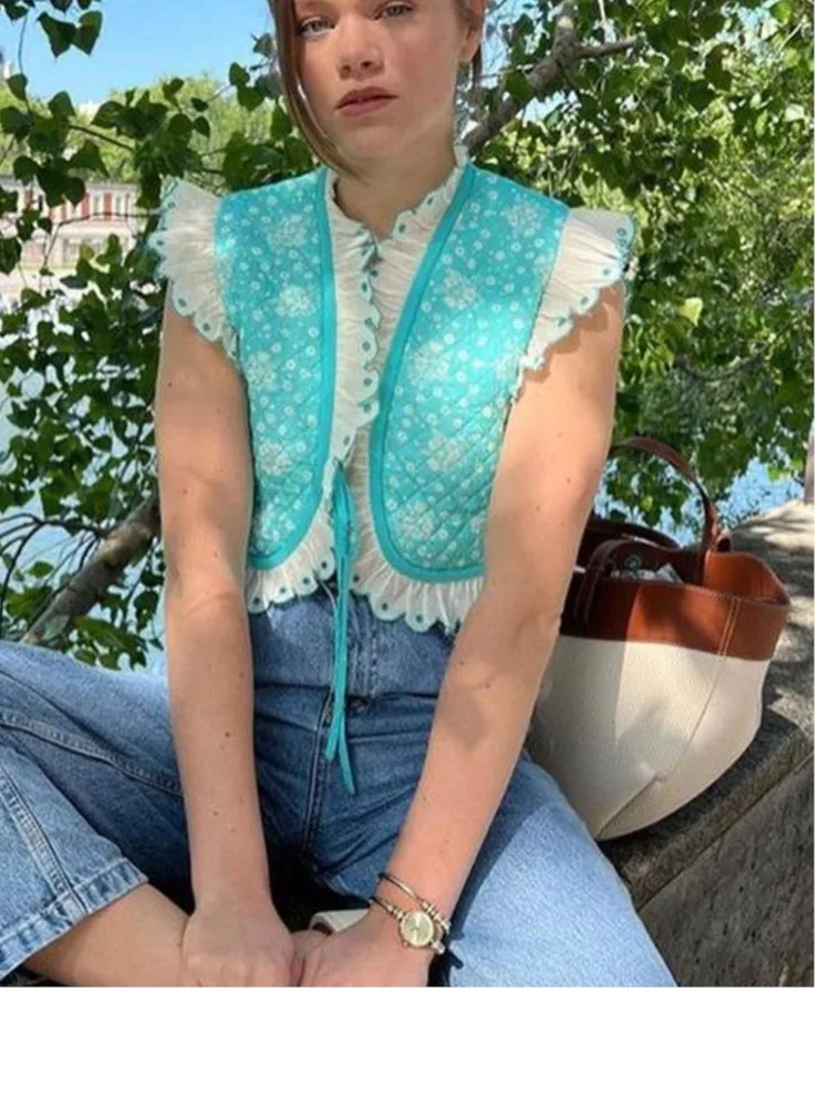 

2023 New Printed Cotton Padded Reversible Vest Women Fashion Ruffle Flying Sleeve Short Cardigan Elegant Patchwork Crop Top