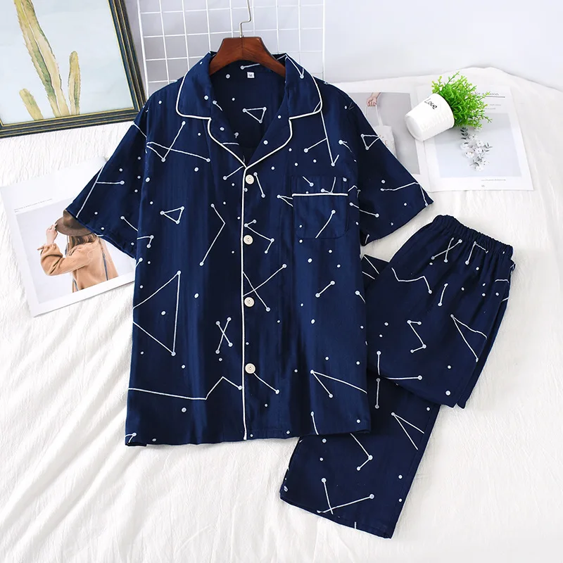 

Летняя воздухопроницаемая комнатная Пижама, костюм, брюки с коротким рукавом для пары, тонкая газовая Пижама с отложным воротником, Женский...