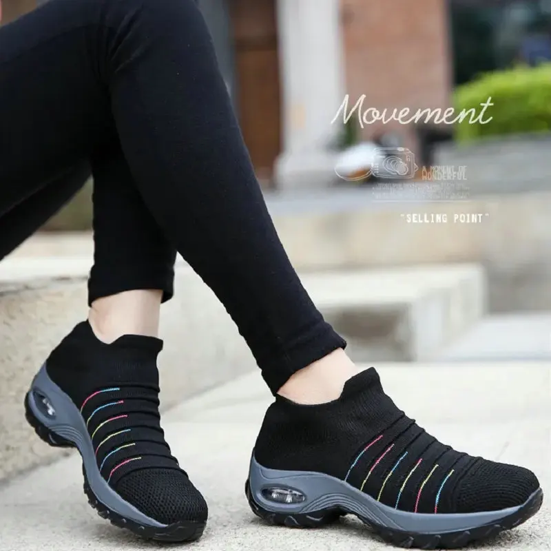 Women Tennis Shoes Air Cushion Sports SuperSoft High Heels Mesh Slip-on Female Sock Footwear Outdoor Thick Bottom Woman Sneakers