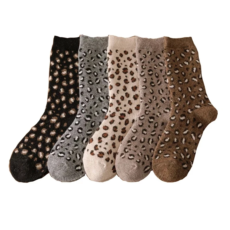 5 Pairs High Quality Leopard Print Wool Socks Women Fashion Stripe Thicken Keep Warm Long Winter Socks Street Fever Calze Donna
