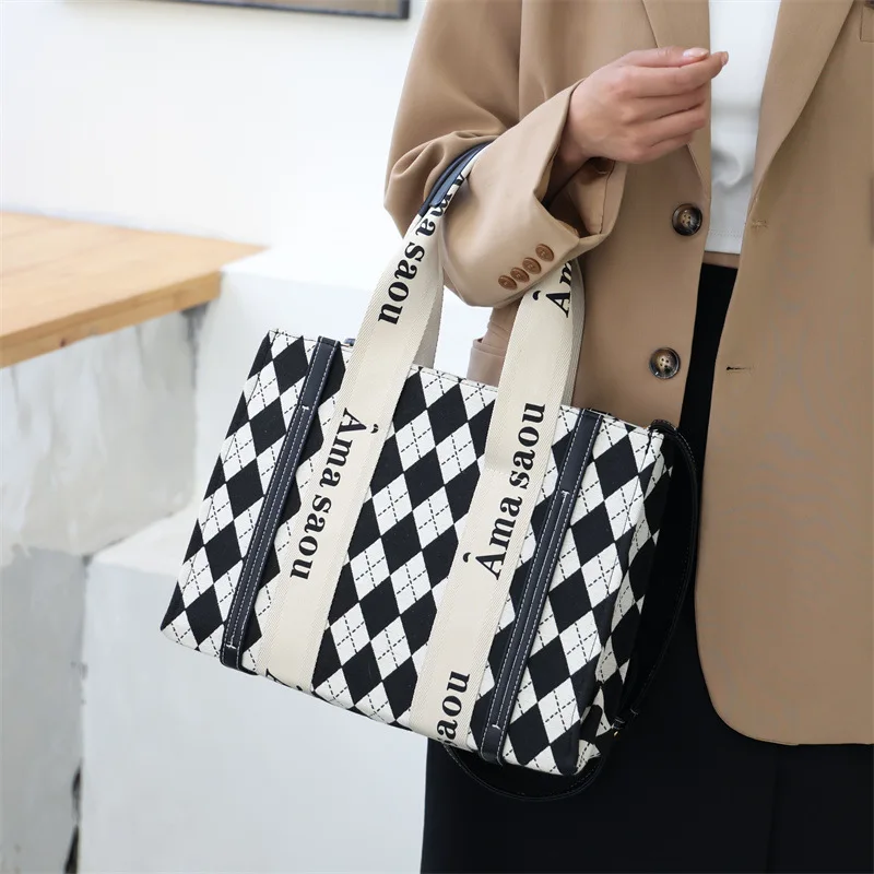 

Canvas Tote Bag Women's 2022 New Trend Printing Letter Handbag Fashion Houndstooth Shoulder Messenger Bags Large Square Handbags