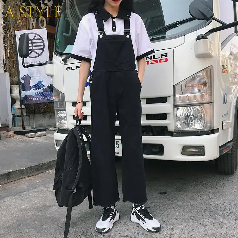 Jumpsuits Women Vintage Pockets Teenagers Black Retro Denim College Ankle-length Chic Overalls Student All-match BF Spring Baggy