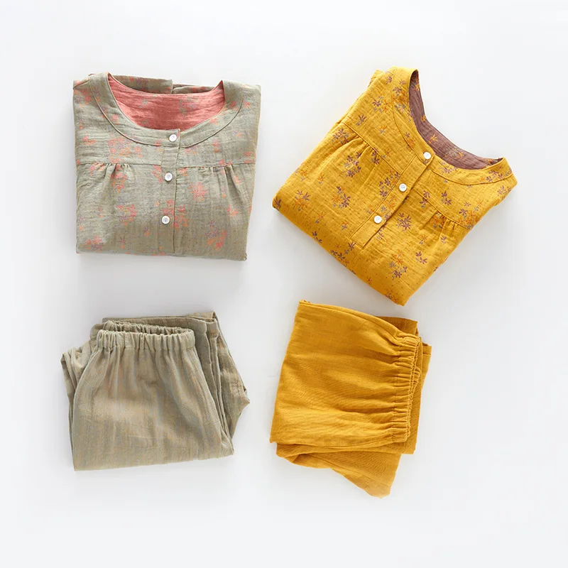 Pajamas Sets 2022 Autumn Cotton Gauze Jacquard Round Neck Small Floral Two-Color Pajamas Long Sleeve Trousers Women Sleepwear