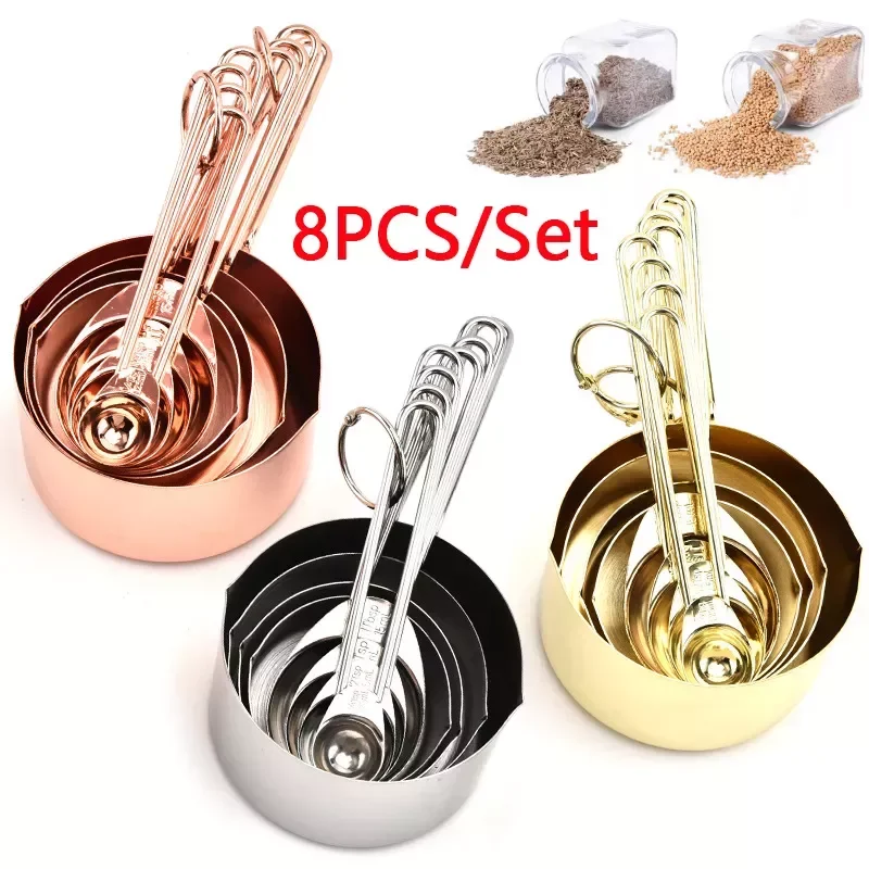 

8PCS/set Stainless Steel Measuring Cups Rose Gold Measuring Spoons Set Tea Coffee Spoon Sets Kitchen Accessories