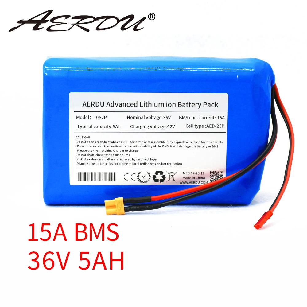 

AERDU 10S2P 36V 5Ah 400watt li-ion battery pack xt60 jst for ebike scooter motor 42V lithium batteries 15A Separate port BMS