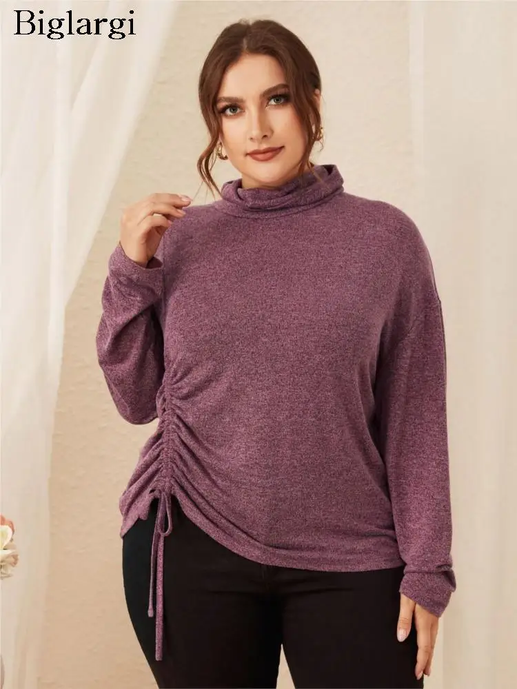 

Размера плюс вязаный осенний пуловер с высоким воротником, топы, женские облегающие модные плиссированные дамские блузки, повседневные женские Топы с длинным рукавом 2023