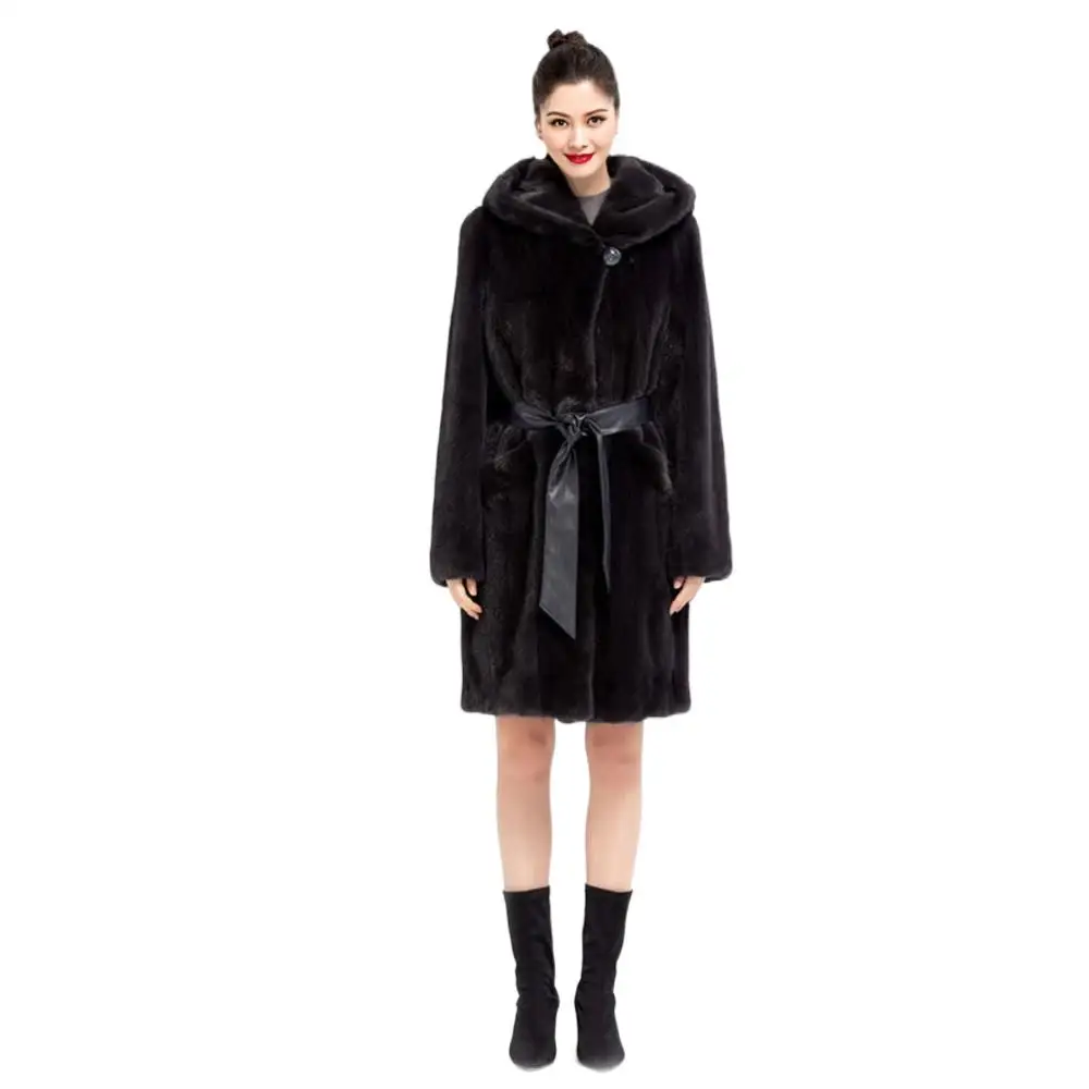 High Quality Women Imported Mink Fur Coat With Hood Fluffy Soft Thick Real Mink Fur Jacket Parkas Winter Overcoat For Women enlarge