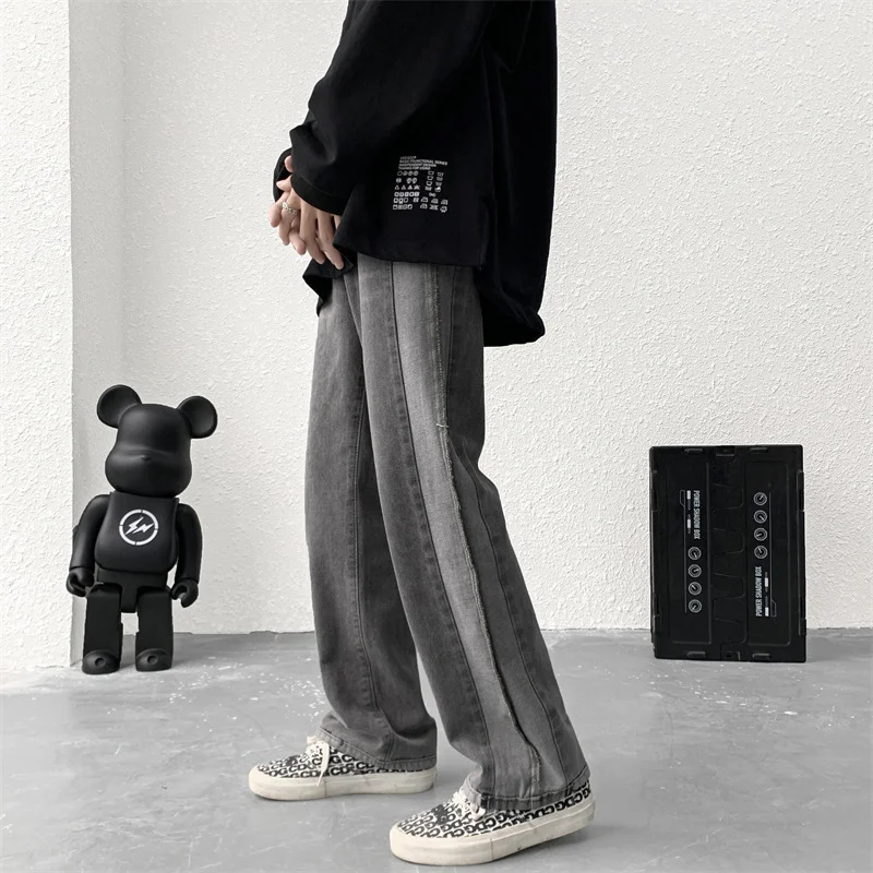 DEEPTOWN Patchwork Gray Jeans Men Casual Straight Denim Pants Streetwear Hip Hop Trousers Male Loose Vintage Fashion Spring