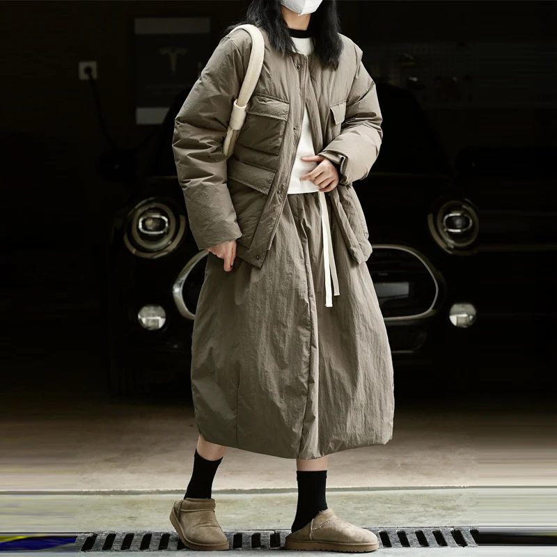 Casual Winter Pockets Down jacket Adjustable waist skirt Warm 2023 New Women Black 2 Piece set Puffer coat Parkas INKEO 2O404