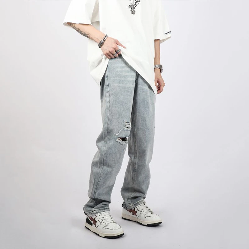 Men's Jeans High Street Trousers Zipper Design Ripped Jeans Men's Casual Loose Trousers Y2K Pants Ins Hot Sale Boyfriend Jeans