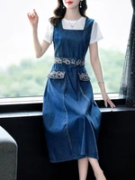 tiyihailey 2022 new free shipping vintage women long mid calf summer denim sleeveless dress with belt embroidery high waist