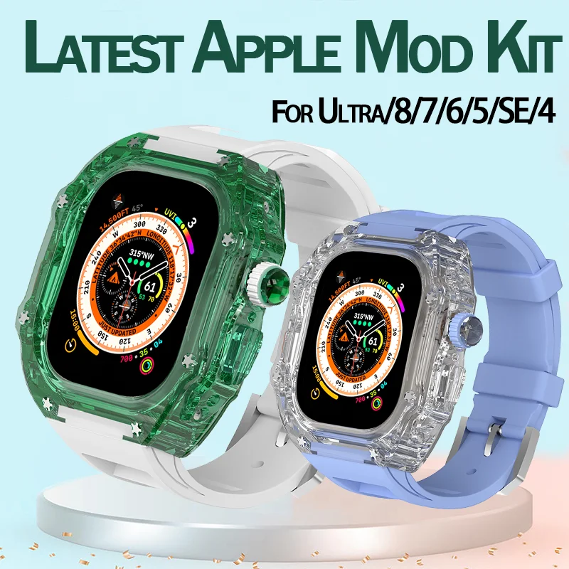 Transparent Mod Kit Case For Apple Watch 49mm 45MM 44MM Rubber Sports Band For iWatch Series Ultra 8 7 6 5 4 SE Silicone Strap