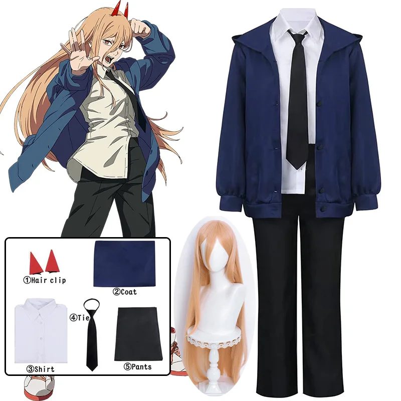 

Anime Power Cosplay Jacket Chainsaw Man Cosplay Costume Blue Red Coat Wig Uniform Clothing Suit Halloween Costumes for Women
