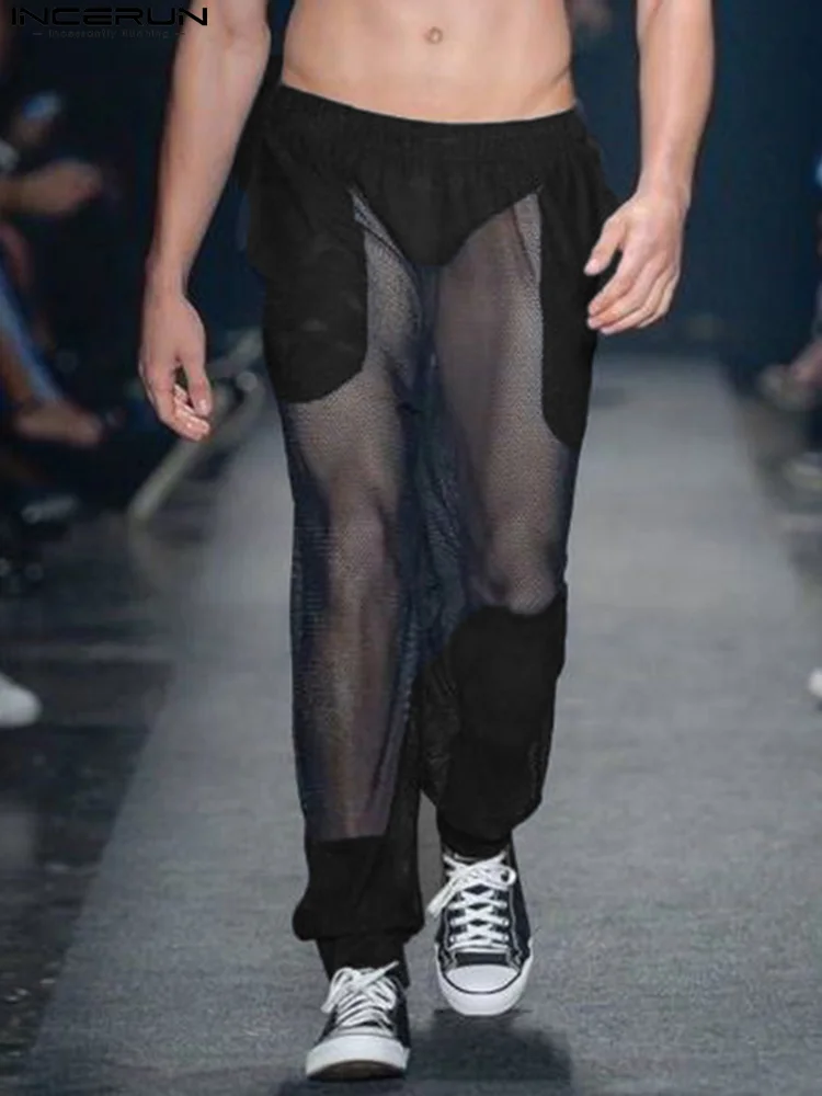 

2022 Men's Pants Elastic Waist Mesh Patchwork Sexy See Through Casual Trousers Men Vacation Streetwear Pantalon S-5XL INCERUN
