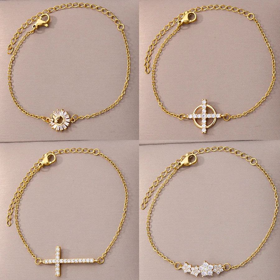

Elegant Inlaid Rhinestone Bracelets Gold Colour Stainless Steel Cross Charm Bracelet For Women Jewelry Accessories Party Gifts