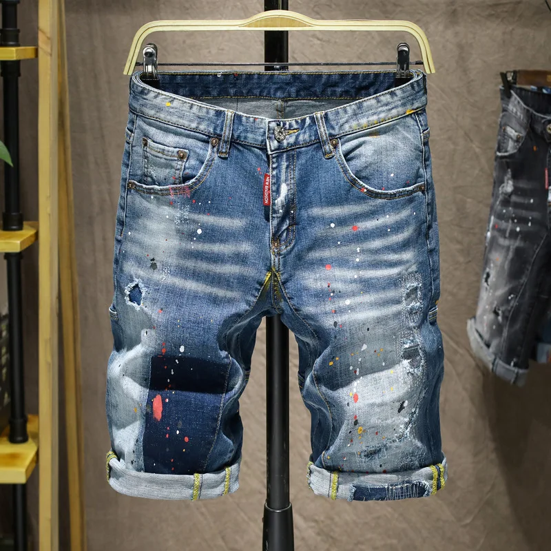 Summer Men's Brand Hole Short Jeans High quality  stretch fit casual jeans Street  shorts  Plus size