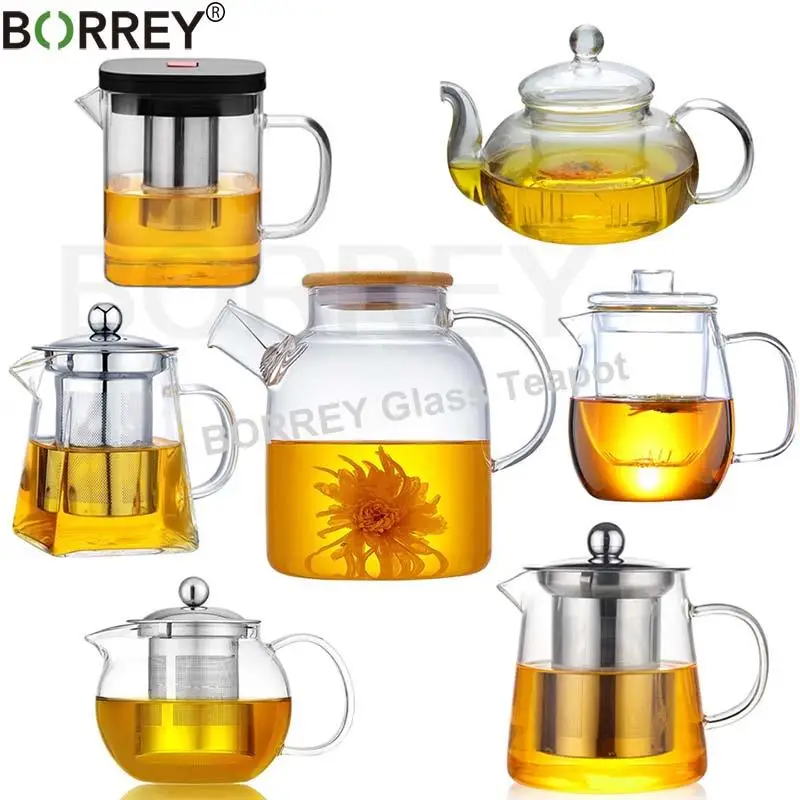 BORREY Dropshipping Heat Resistant Glass Teapot Various Styles Of Hot-selling Tea Sets Clear Kettle Flower Puer Tea Infuser Pot