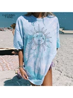 women tie dye sun moon print casual long t shirt 2022 summer ladies vintage short sleeve tshirts loose female clothes