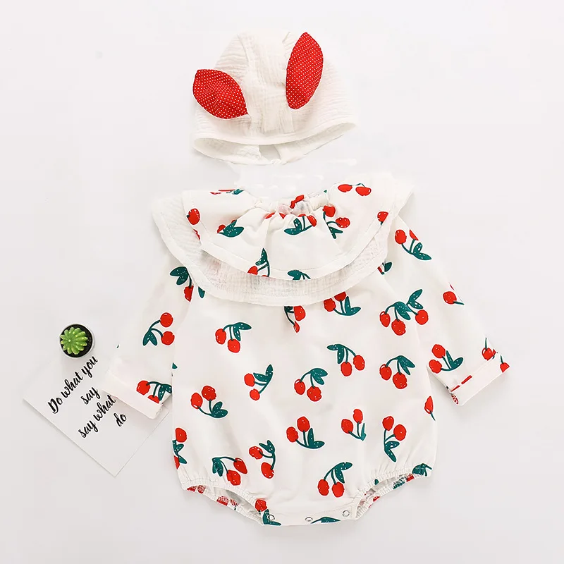 RiniKinda 2022 Autumn Newborn Toddler Girls Bodysuits Infant Baby Girl Print Bodysuit Jumpsuit Outfits Hat Casual Clothes