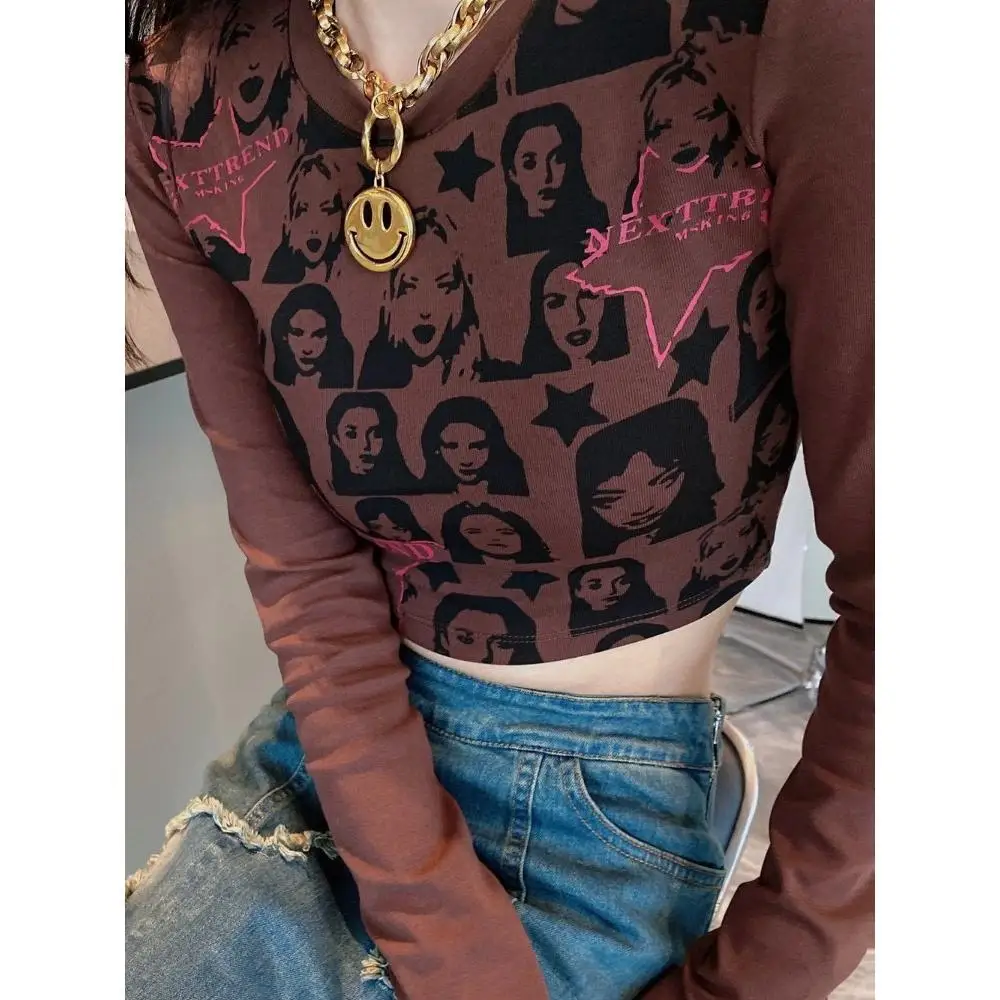 

Dark Brown Cotton American Portrait Print Crop Tops Streetwear Y2K Top Slim Long Sleeve T Shirts for Women Autumn Winter Basic