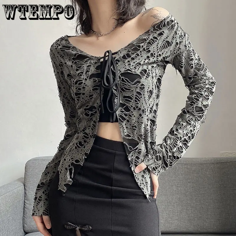 

Individualized Beggar Style Hole Hollow-out T-shirt Women's Gothic Fashion Tape Long Sleeve Top Gray Slim Sunscreen Thin Summer