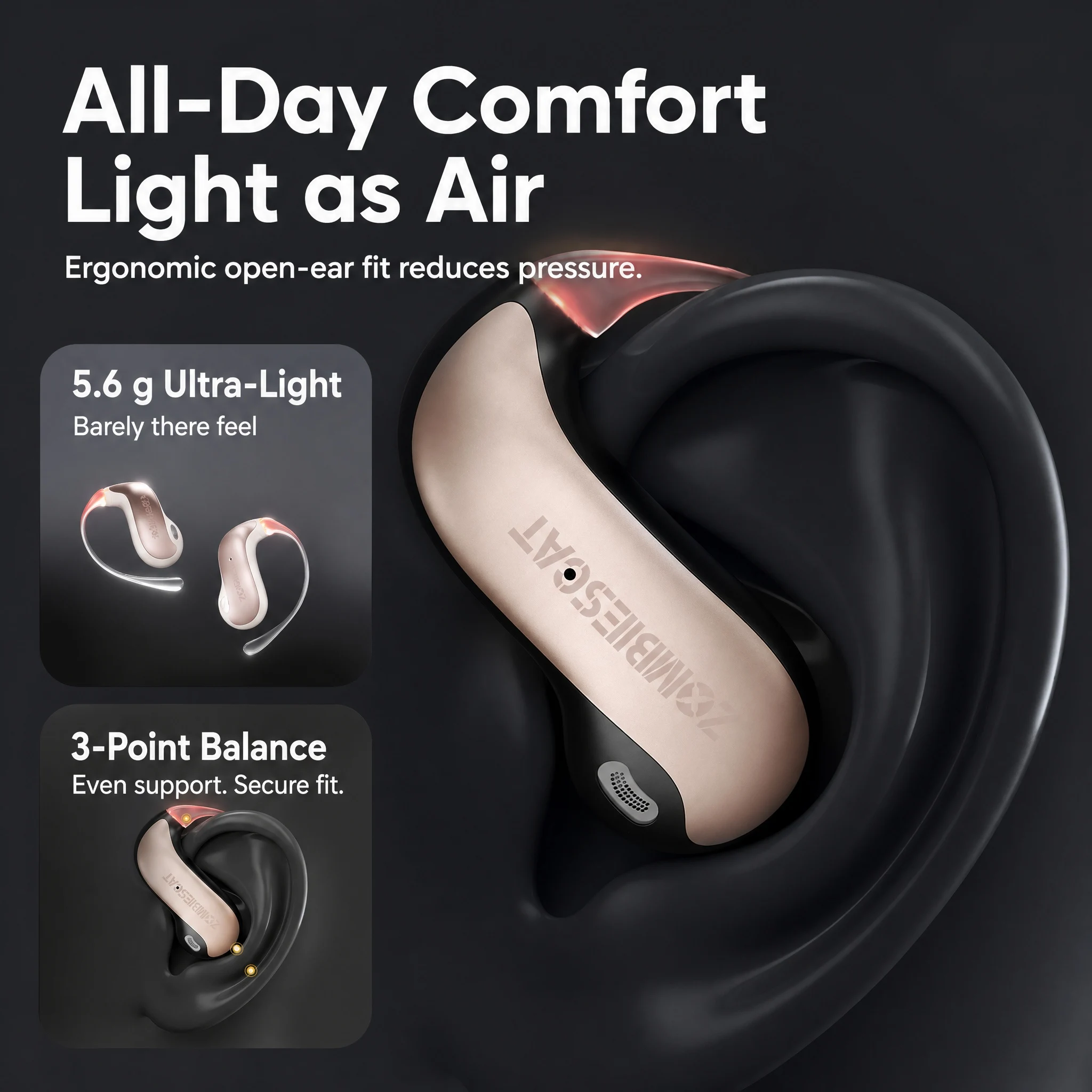 Фото Беспроводные наушники ZOMBIECAT B22 Open Ear с Bluetooth 6.0, 14-мм драйвером, LED-подсветкой и AI-переводом для бега и велоспорта №5