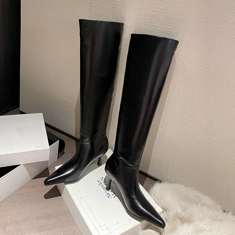 Aucegi эластичные качественные кожаные сапоги выше колена на тонком каблуке