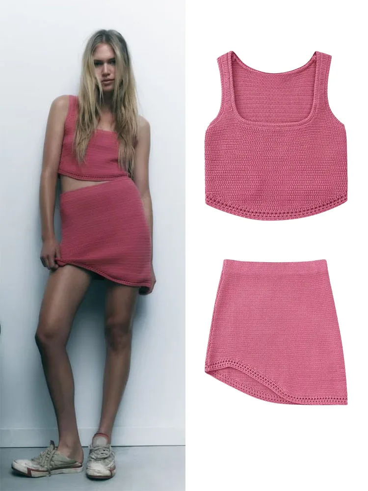 

Summer New Women's Square Neck Sleeveless Crochet Knit Top + Same Fabric High Waist Asymmetric Hem Mini Skirt