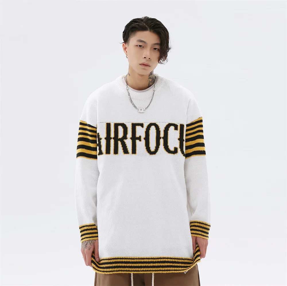 Men's Fashion Pullover Sweater Colorblock Letter American Knit Top Teens Autumn Winter New Casual Loose Contrast Color Pullover