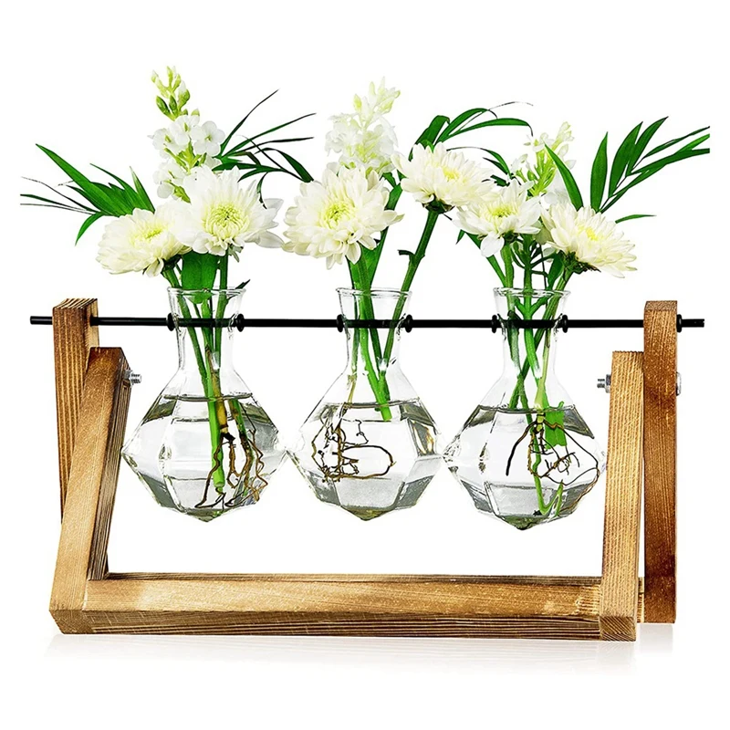 

Diamond Plant Vase Desktop Plant Propagation Station With Swing Wooden Stand And Metal Rotating Rod, Glass Vase