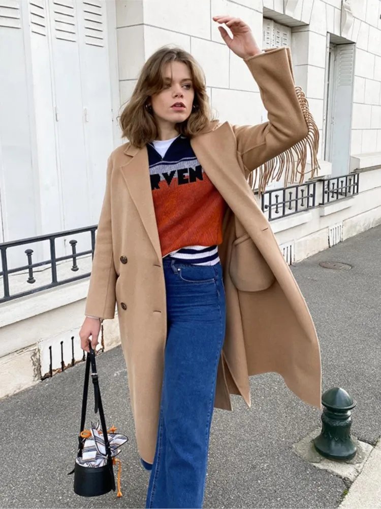 

2023 Autumn Elegant Tassels Woolen Blend Coat Casual Full Sleeves Lapel Pocket Long Jacket Office Lady Solid High Street Outwear
