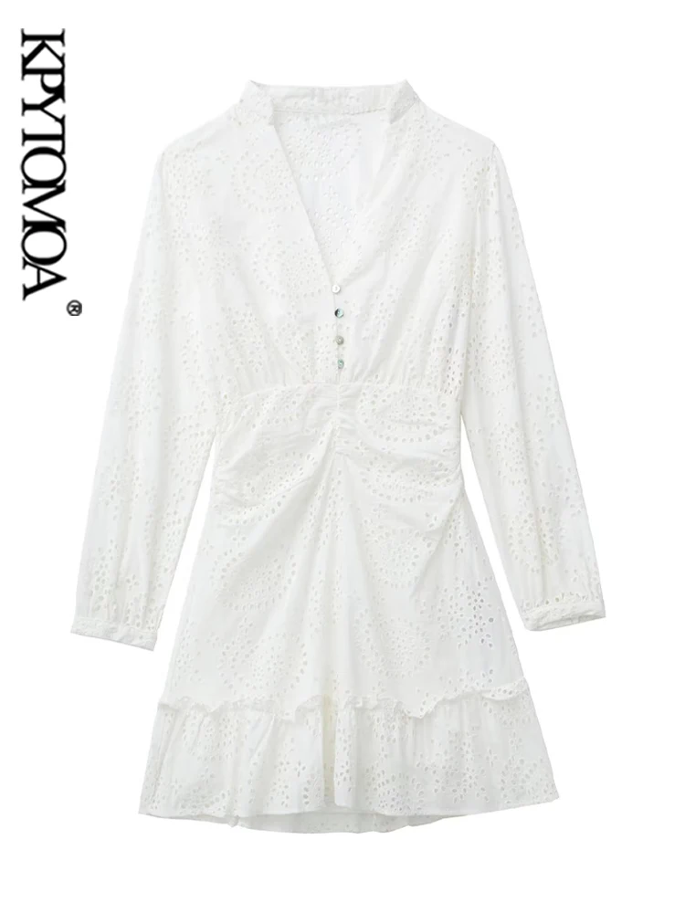 

KPYTOMOA женское модное ажурное Плиссированное мини-платье с вышивкой винтажные женские платья с длинным рукавом и эластичным поясом Vestidos Mujer