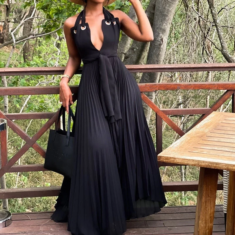 

Женское пикантное Плиссированное Платье на шнуровке, однотонное платье макси с высокой талией и поясом, летние ажурные Длинные платья Бохо с открытой спиной