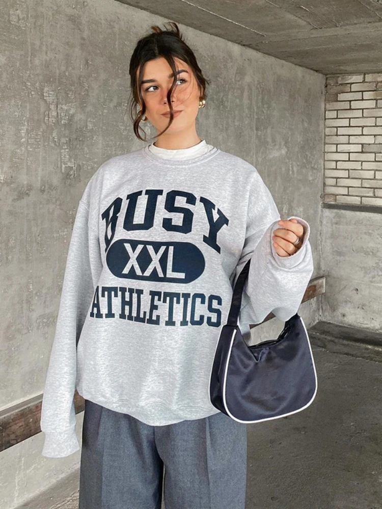 

WeiYao Casual 2022 Fashion Chic Letter Print Pullovers Sweatshirts Women Long Sleeve Round Neck Tops Streetwear Autumn Winter