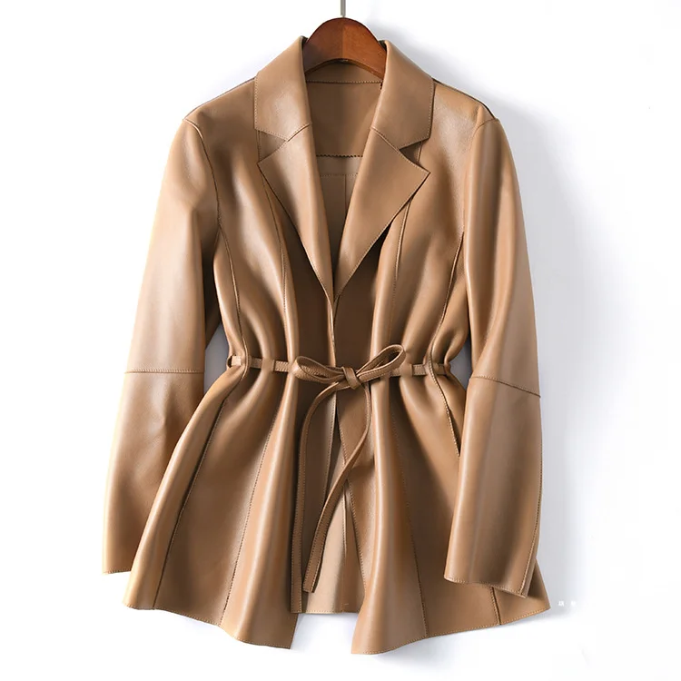 

Genuine Leather Coat 2023 Autumn/Winter New Style Slim Sheepskin Belt Slim Fit Long Sleeve Suit Coat Simple Women