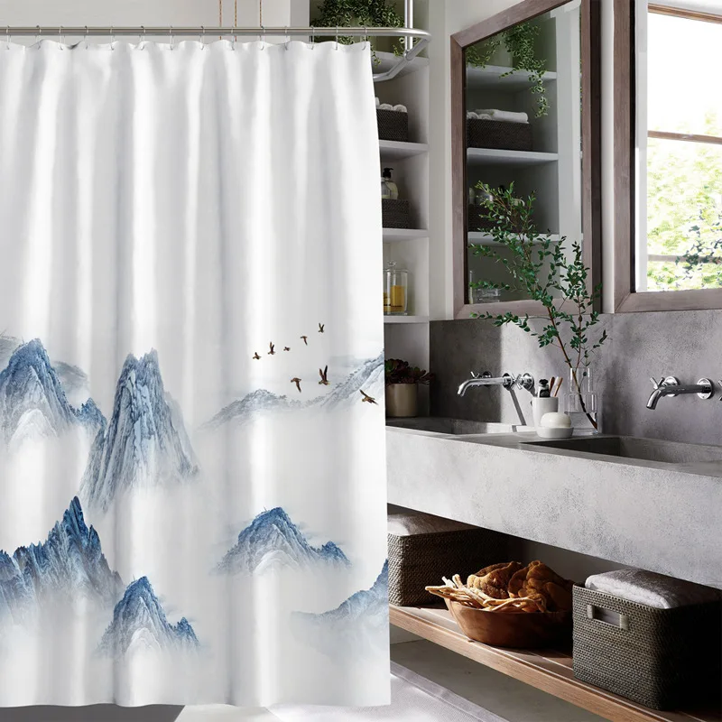 

Digital Printing Design Kitchen Ink Painting Polyester Landscape Painting Shower Curtain Set Waterproof