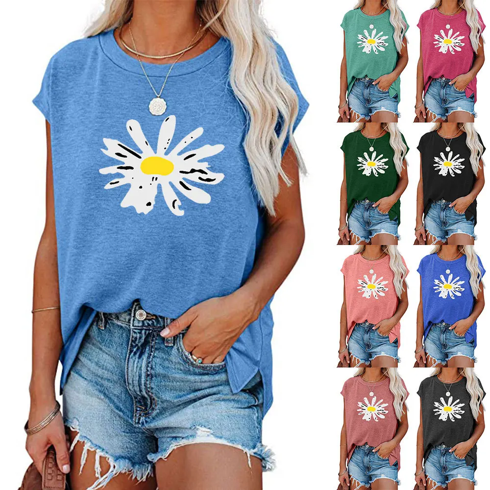

Женская футболка с принтом ромашки, Повседневная футболка с круглым вырезом и Боковым Разрезом, лето 2022